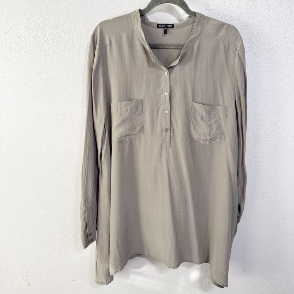 Eileen Fisher Taupe Casual Button Down Shirt silk xl